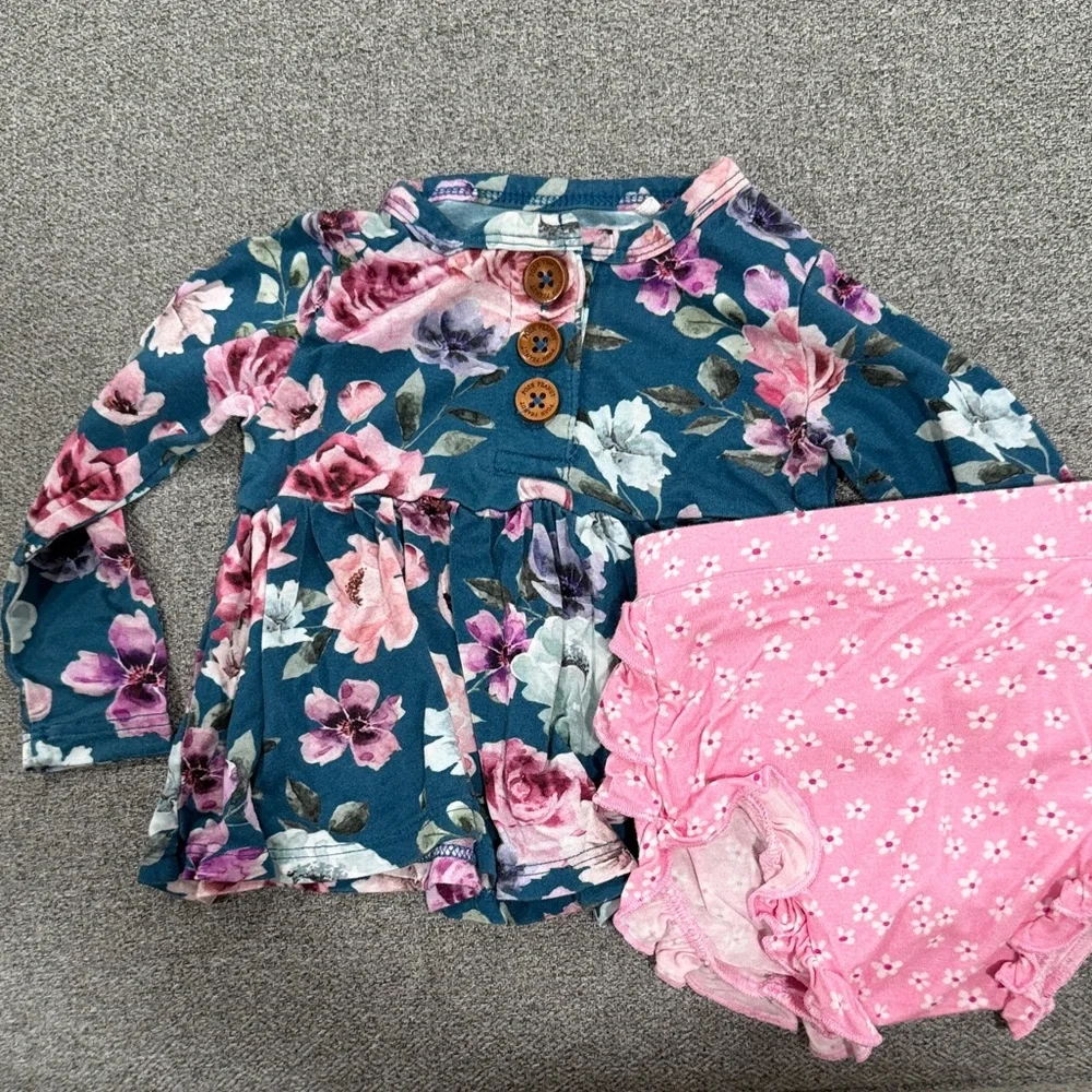 Posh Peanut Teal Floral Peplum Top with Pink Ruffle Bloomers